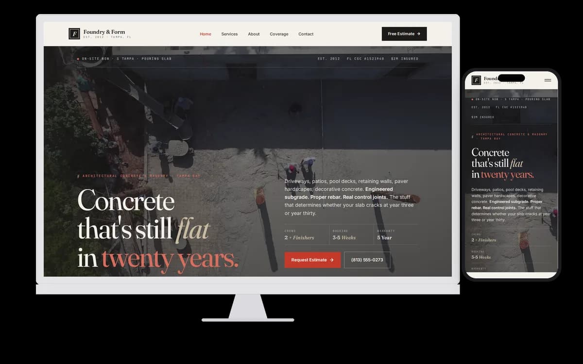 Foundry & Form — Concrete & Masonry demo site on desktop and mobile