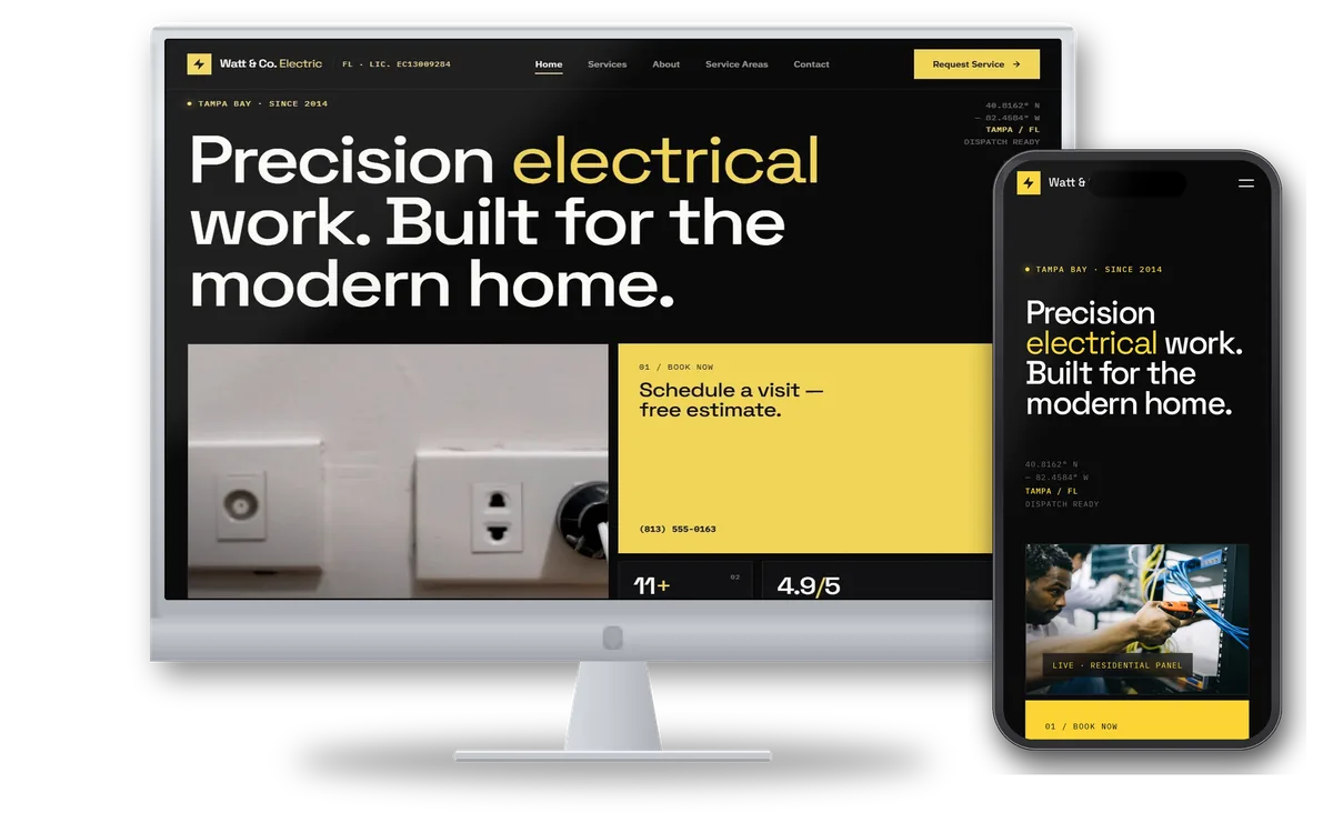 Watt & Co. Electric — Electrical demo site on desktop and mobile