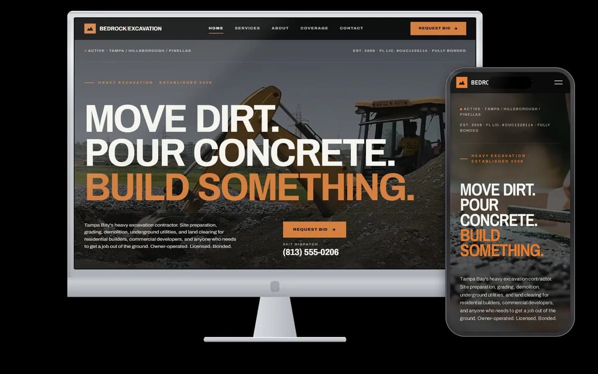 Bedrock Excavation — Excavation demo site on desktop and mobile