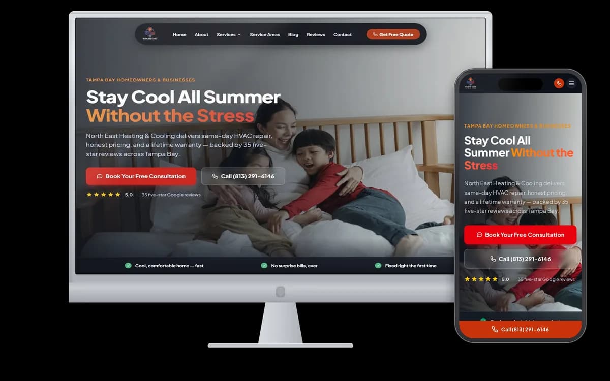 Northeast Heating & Cooling — the live client site on desktop and mobile