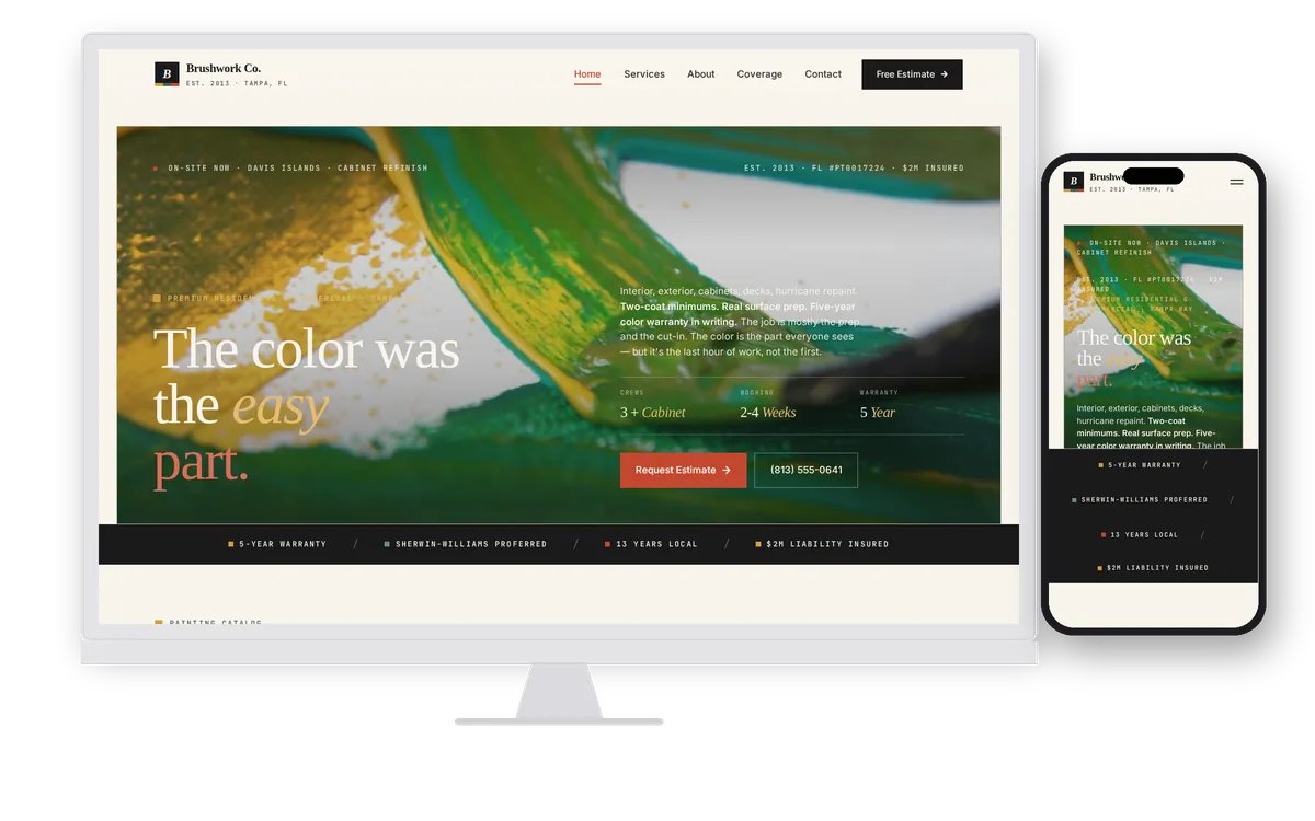 Brushwork Co. — Painting demo site on desktop and mobile