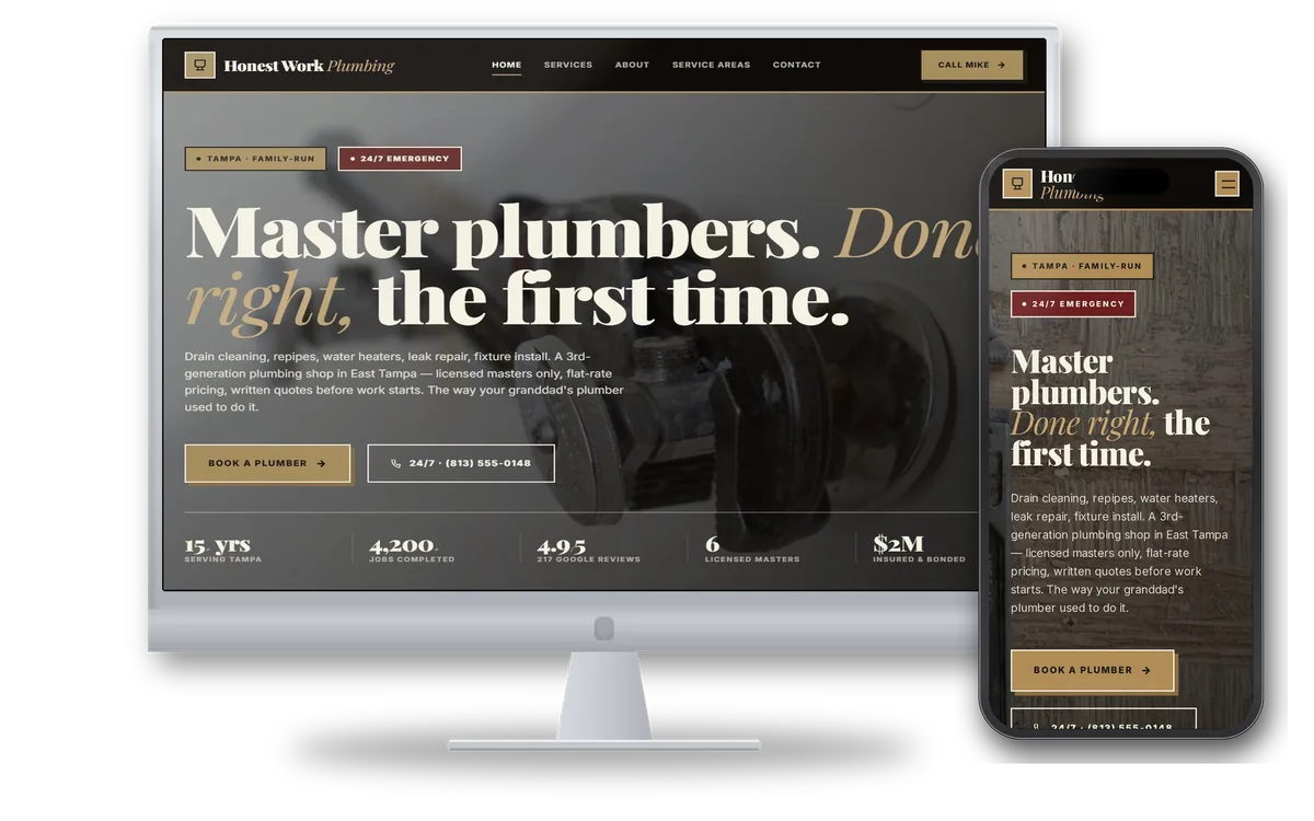 Honest Work Plumbing — Plumbing demo site on desktop and mobile