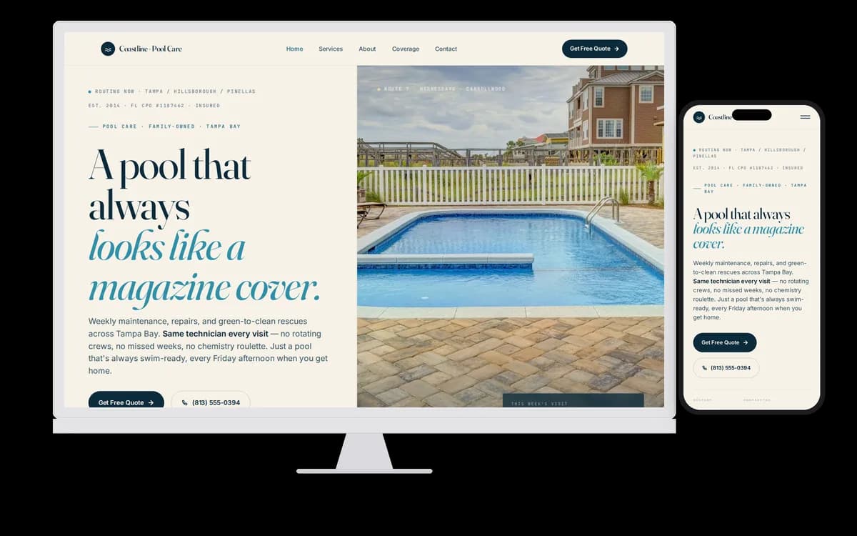 Coastline Pool Care — Pool Service demo site on desktop and mobile