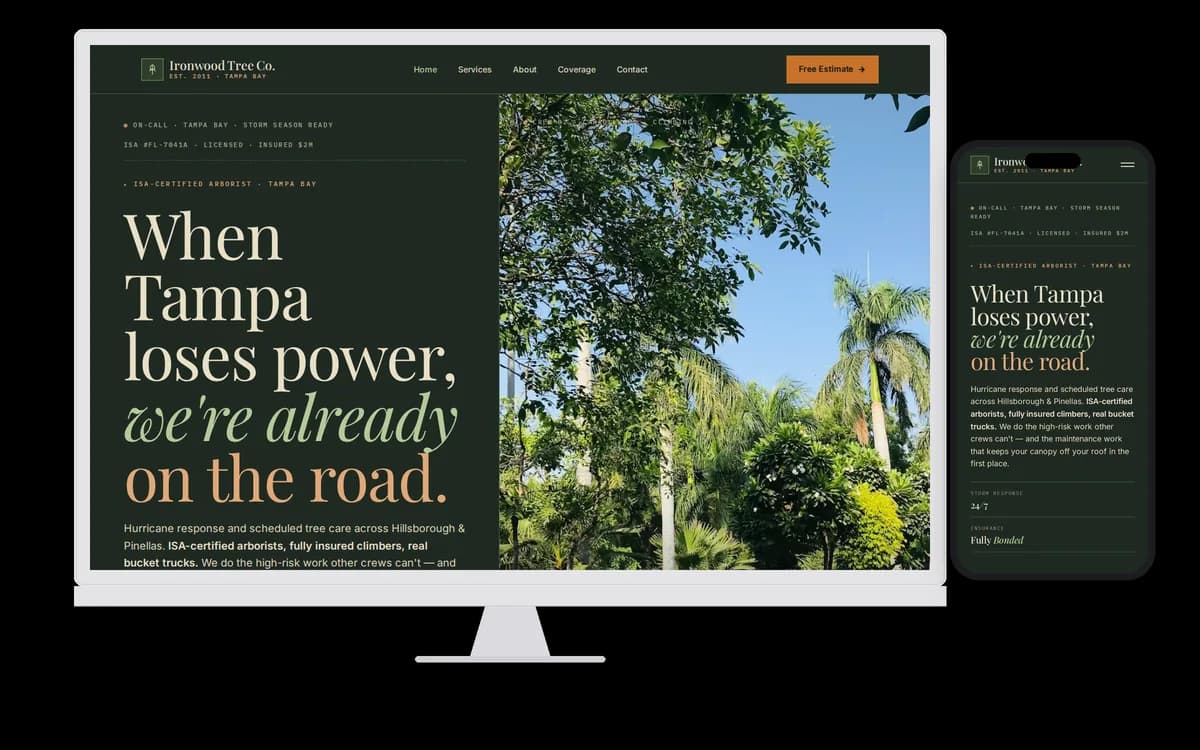 Ironwood Tree Co. — Tree Service demo site on desktop and mobile
