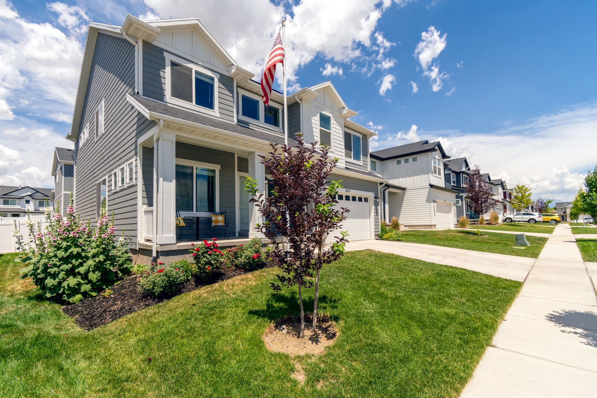 A bright American suburban neighborhood with well-kept two-story homes, green lawns and a clear blue sky