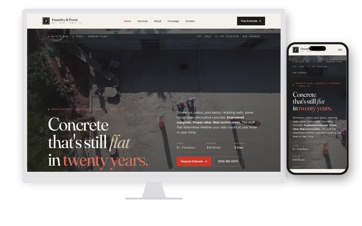 Foundry & Form — custom concrete & masonry contractor website design preview on desktop and mobile