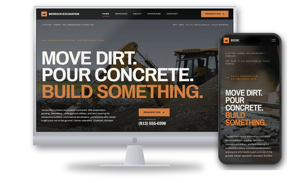 Bedrock Excavation — custom excavation contractor website design preview on desktop and mobile