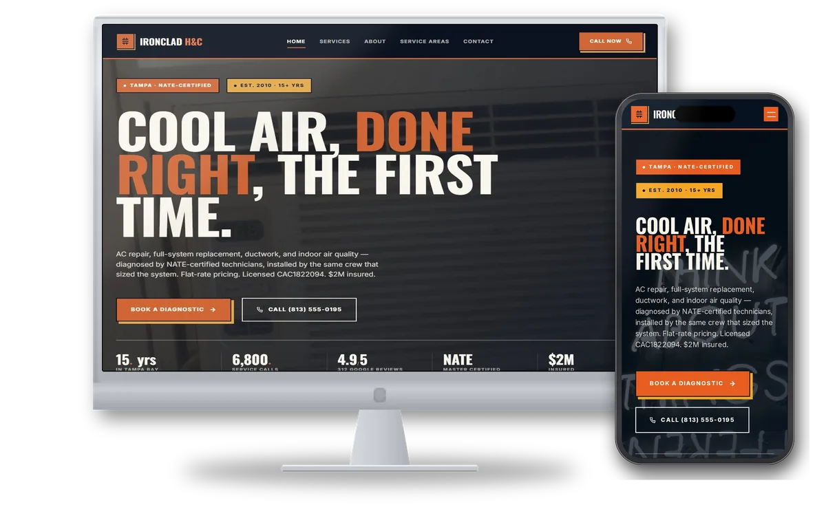 Ironclad Heating & Cooling — custom hvac contractor website design preview on desktop and mobile
