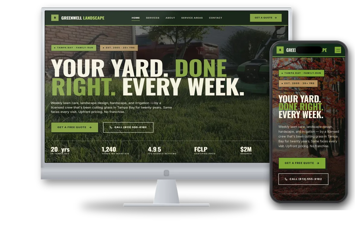 Greenwell Landscape — custom lawn & landscape contractor website design preview on desktop and mobile