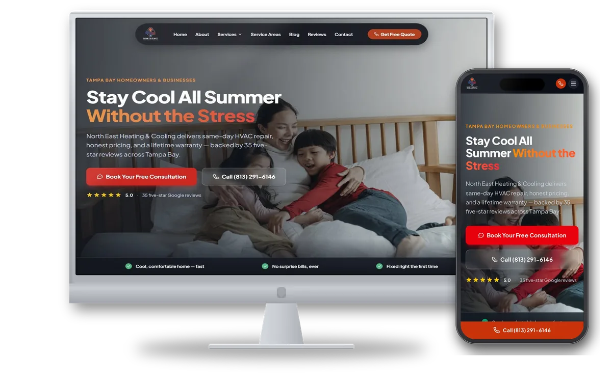 North East Heating And Cooling — custom HVAC contractor website by LeadWise Connect, desktop and mobile preview