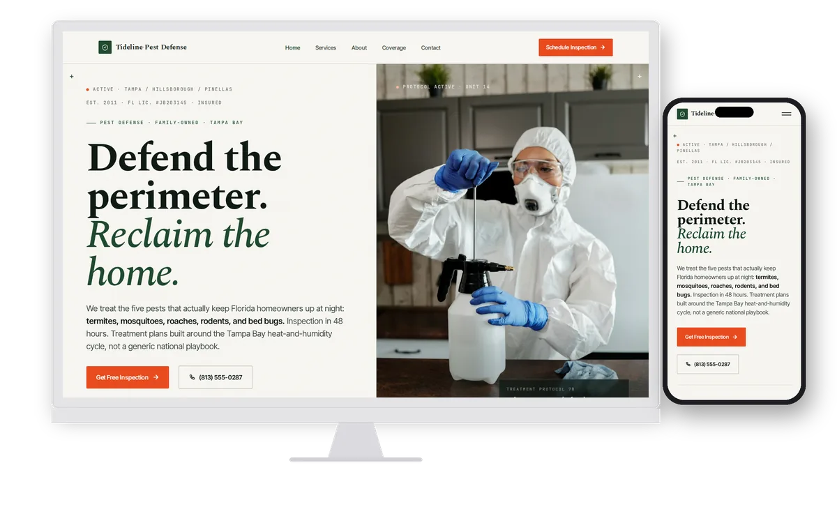 Tideline Pest Defense — custom pest control contractor website design preview on desktop and mobile