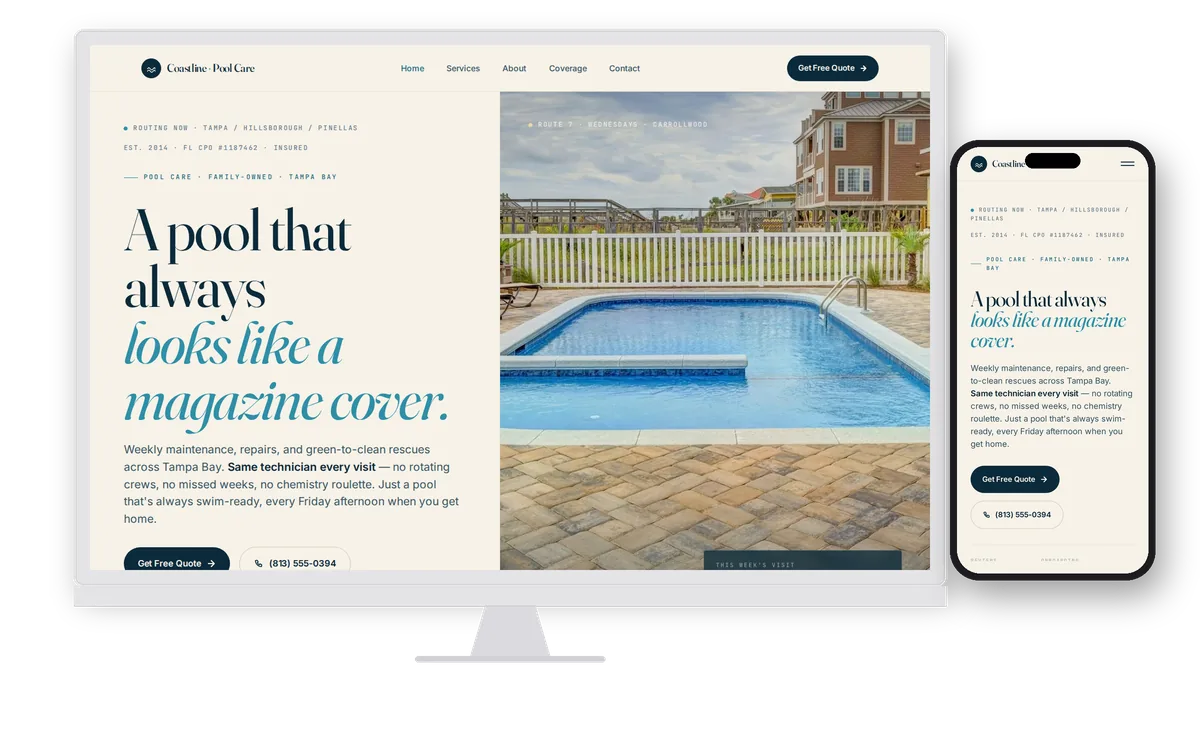 Coastline Pool Care — custom pool service contractor website design preview on desktop and mobile