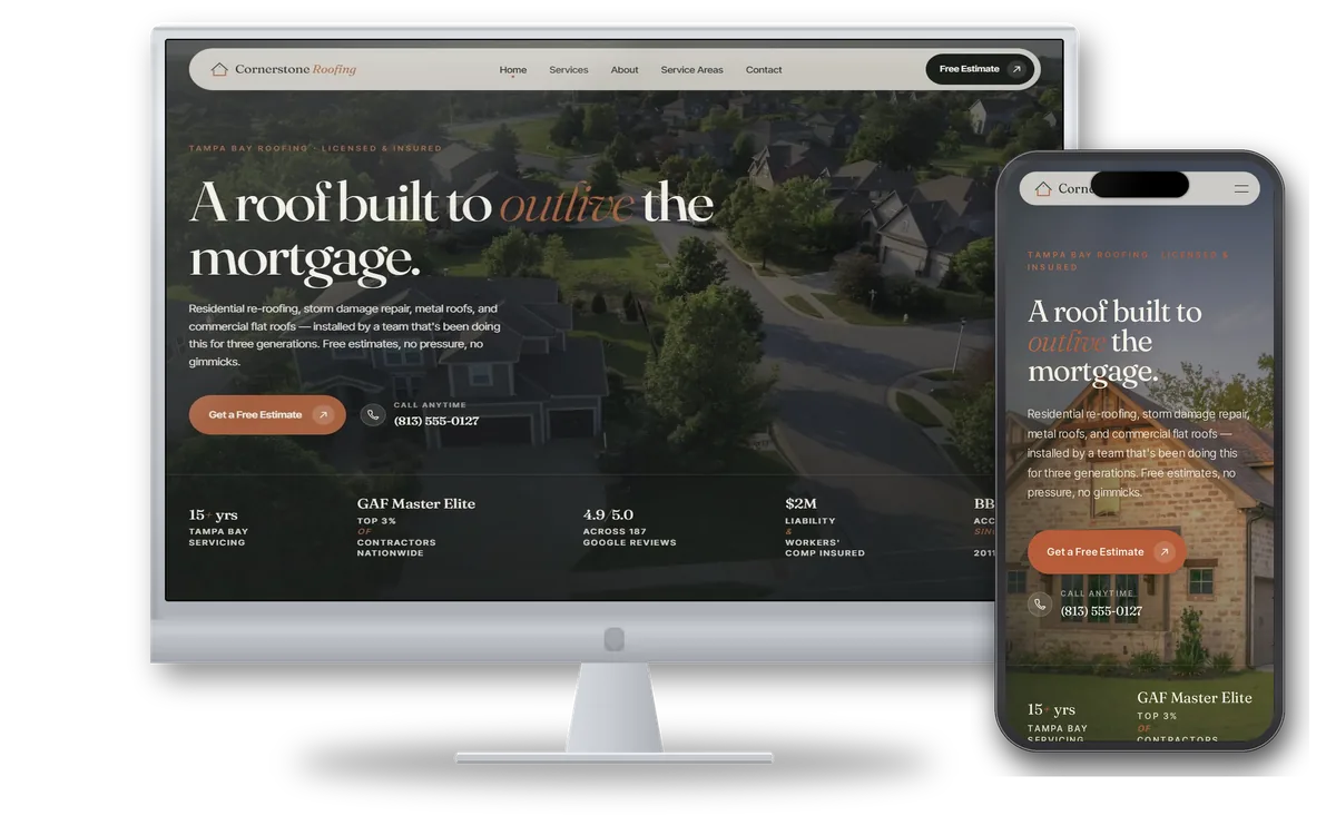 Cornerstone Roofing Co. — custom roofing contractor website design preview on desktop and mobile