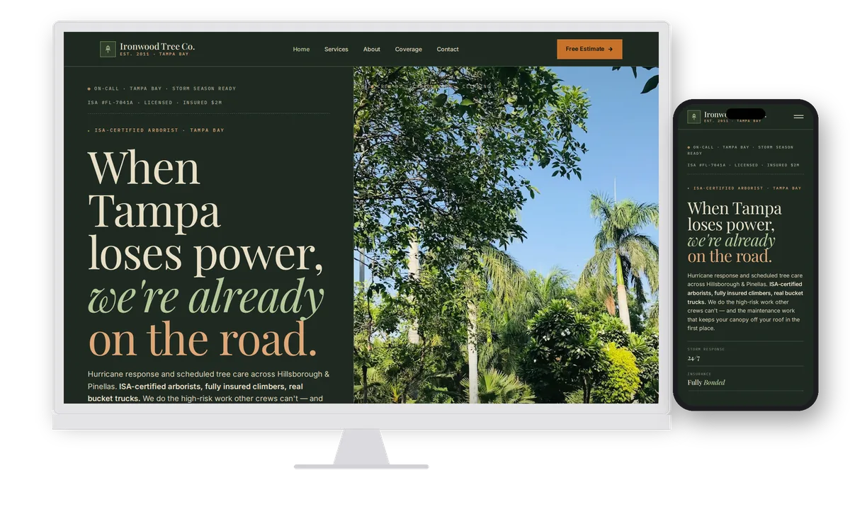 Ironwood Tree Co. — custom tree service contractor website design preview on desktop and mobile